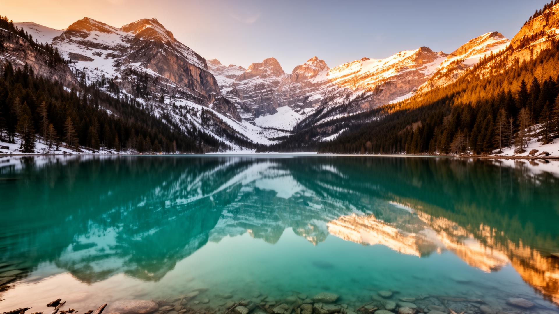 Pristine alpine lake with mountain reflections