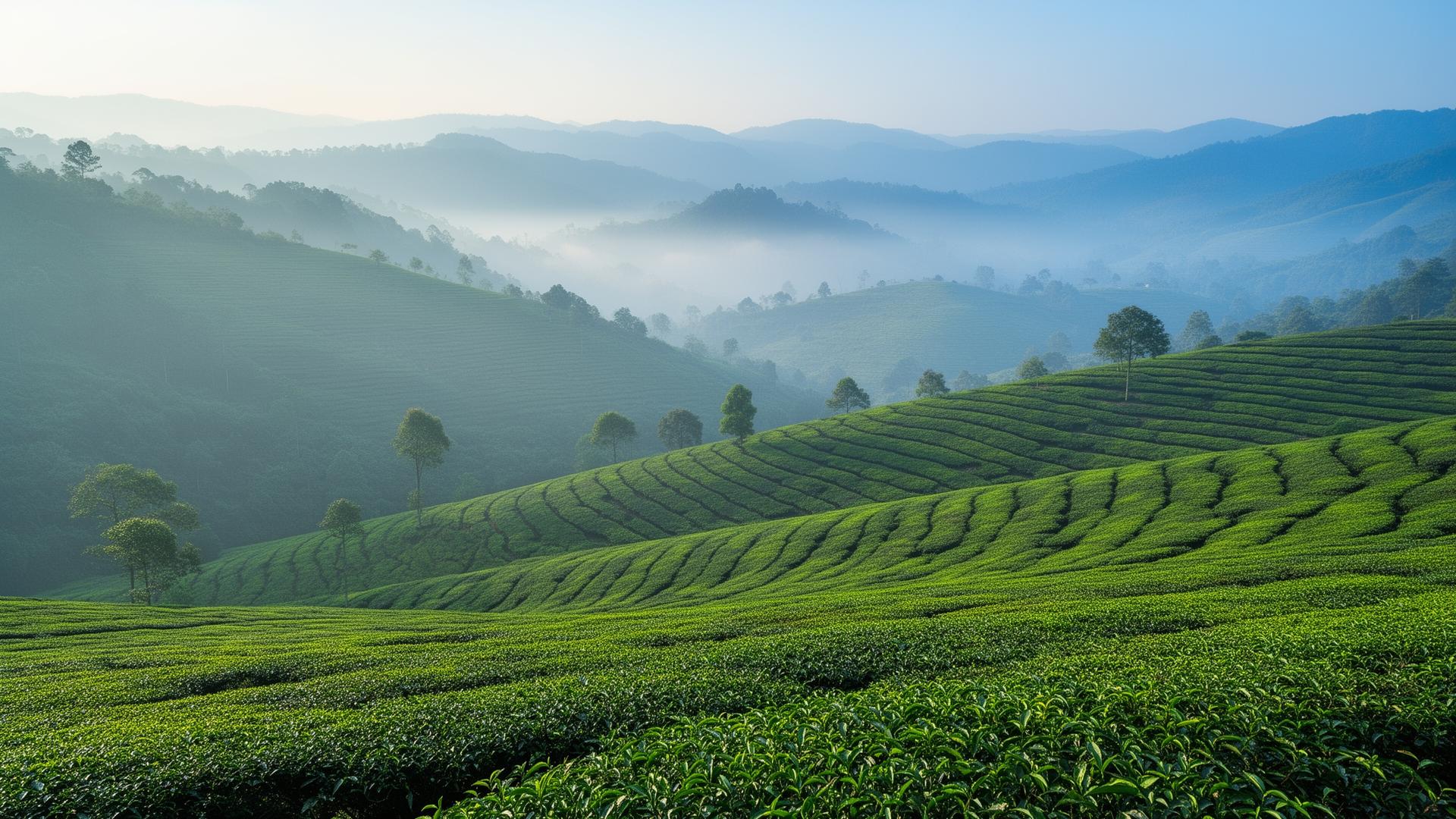 Rolling misty tea plantation hills
