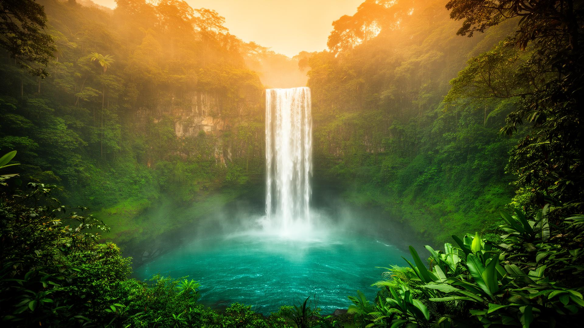 Majestic waterfall in a lush rainforest
